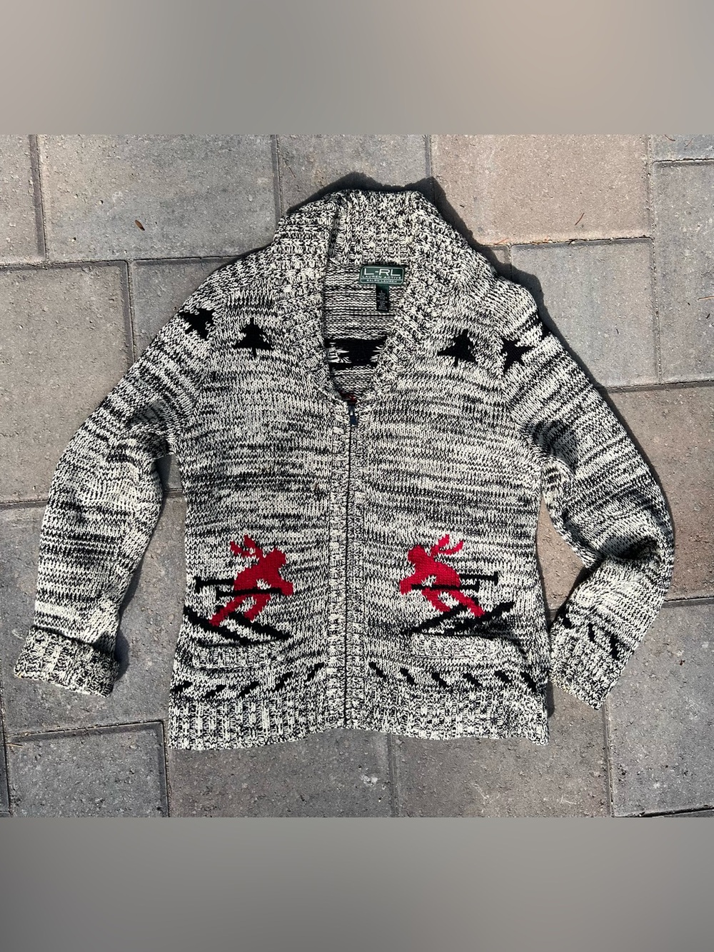 RALPH LAUREN ACTIVE Ski Cardigan Sweater Full Zip Black White Red Size L